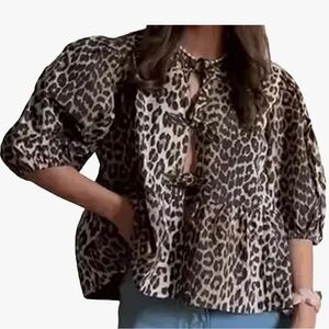 Leopard print puff sleeve tie front top